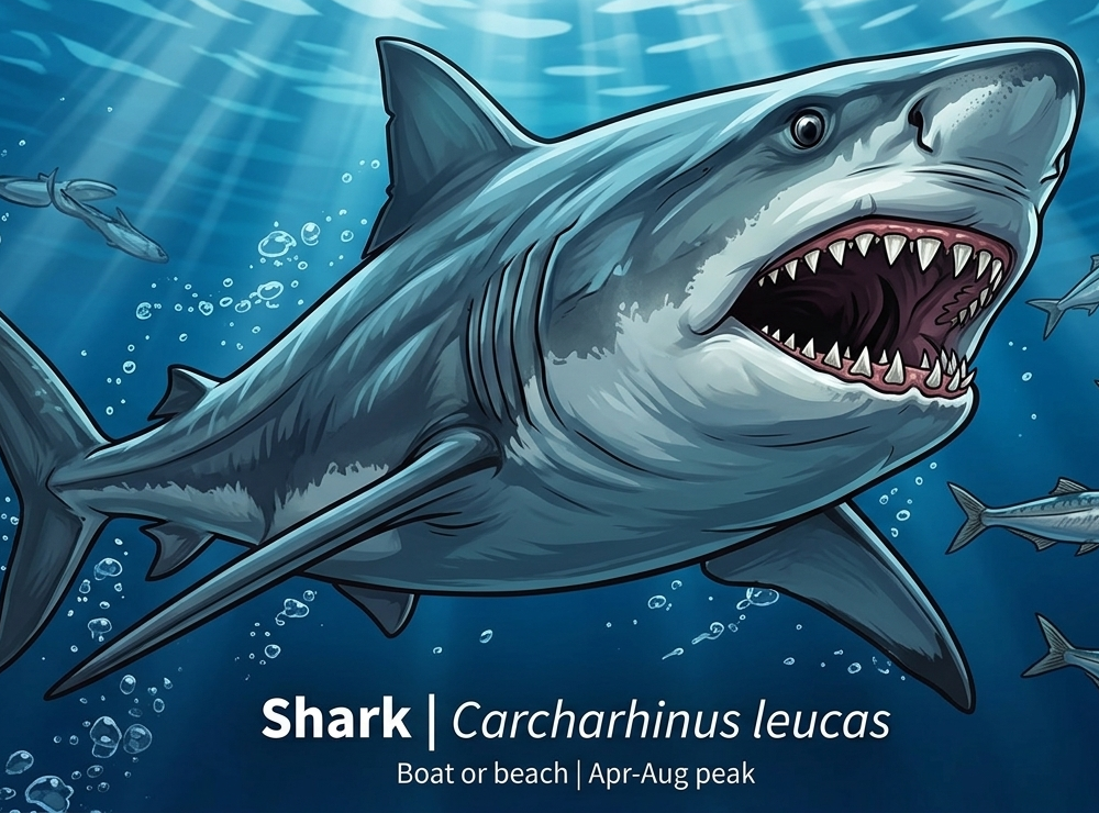 Shark — boat or beach, Apr–Aug