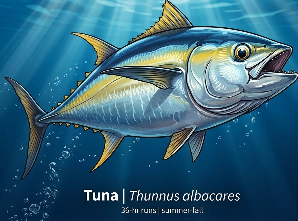 Tuna — 36-hr runs, summer–fall